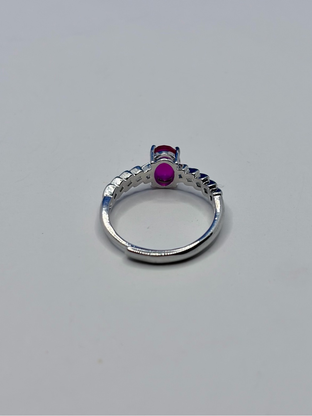 Adjustable Silver Tone Pink Oval Gemstone Ring | Braided Band | Statement Ring - Picture 6 of 6